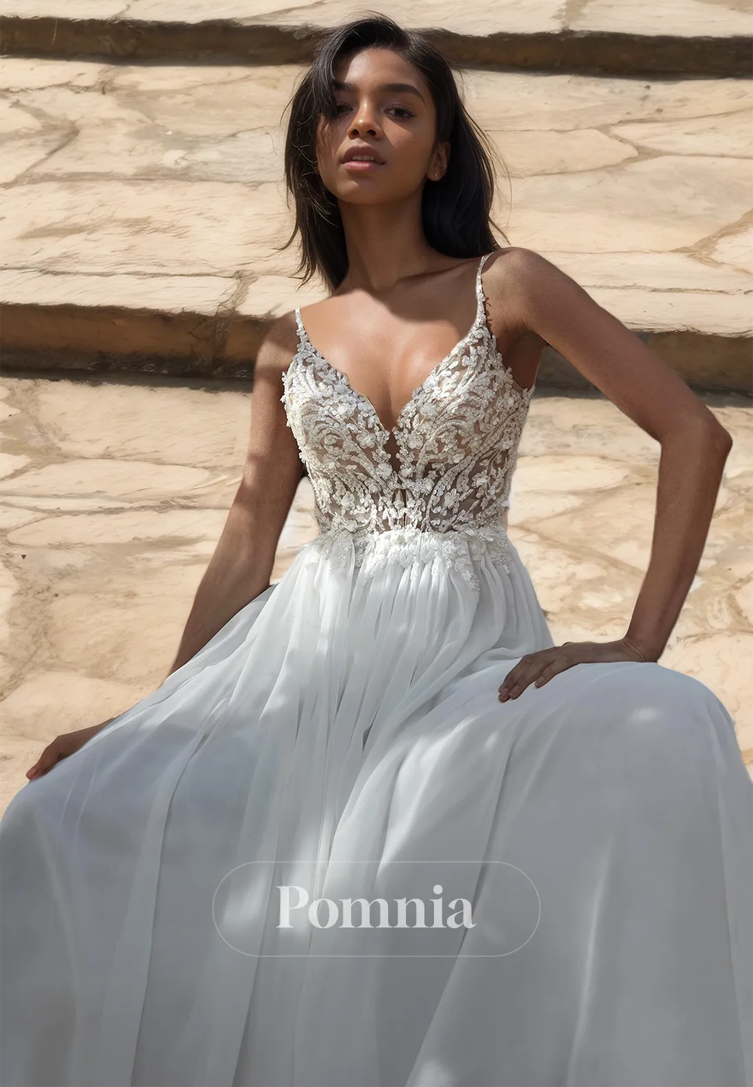 A-Line Spaghetti Straps V-Neck Lace Appliques Backless Romantic Wedding Dress