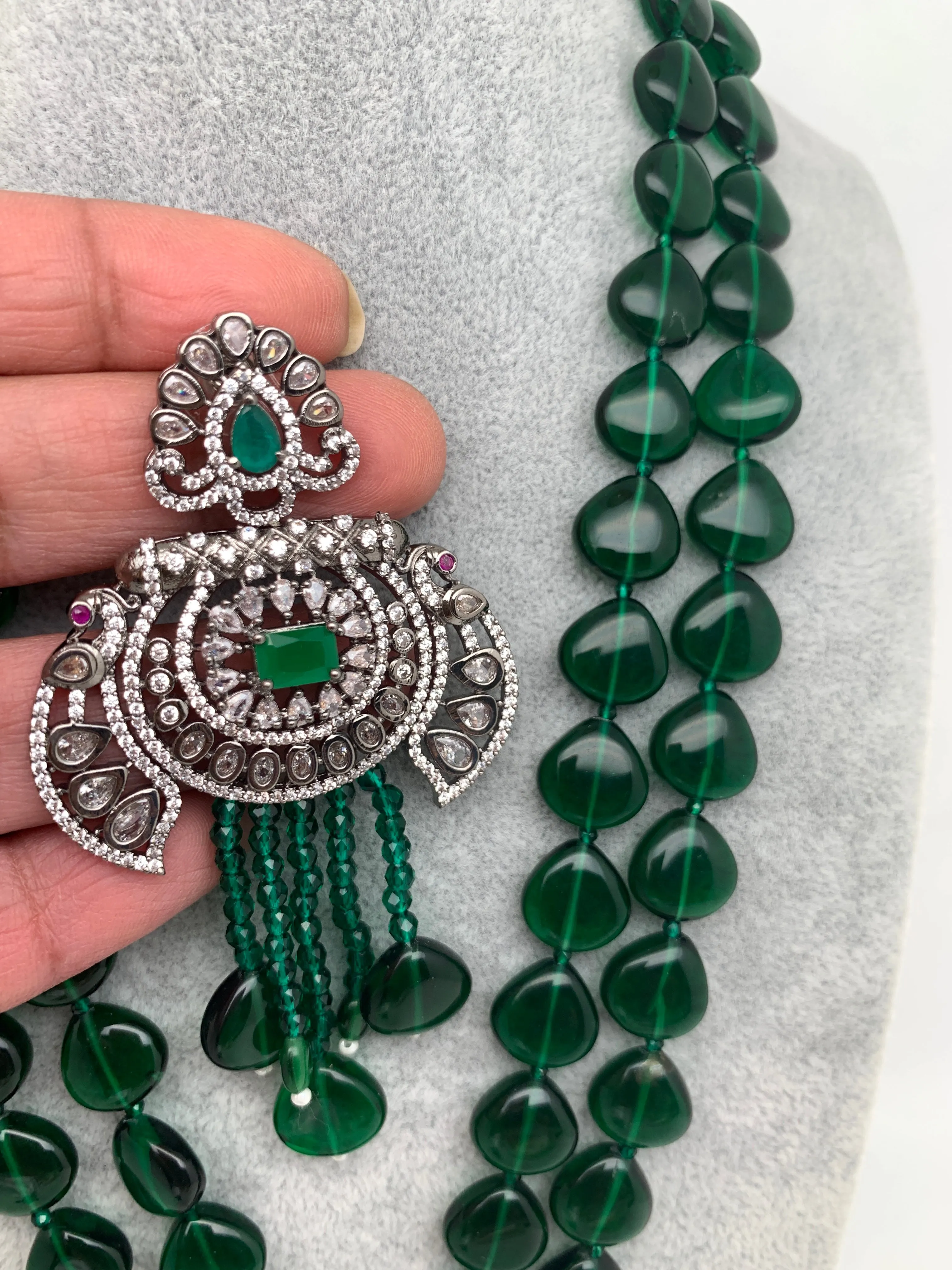 AD Green Stone Green Beads Victorian Pendent Green Beads Long Mala