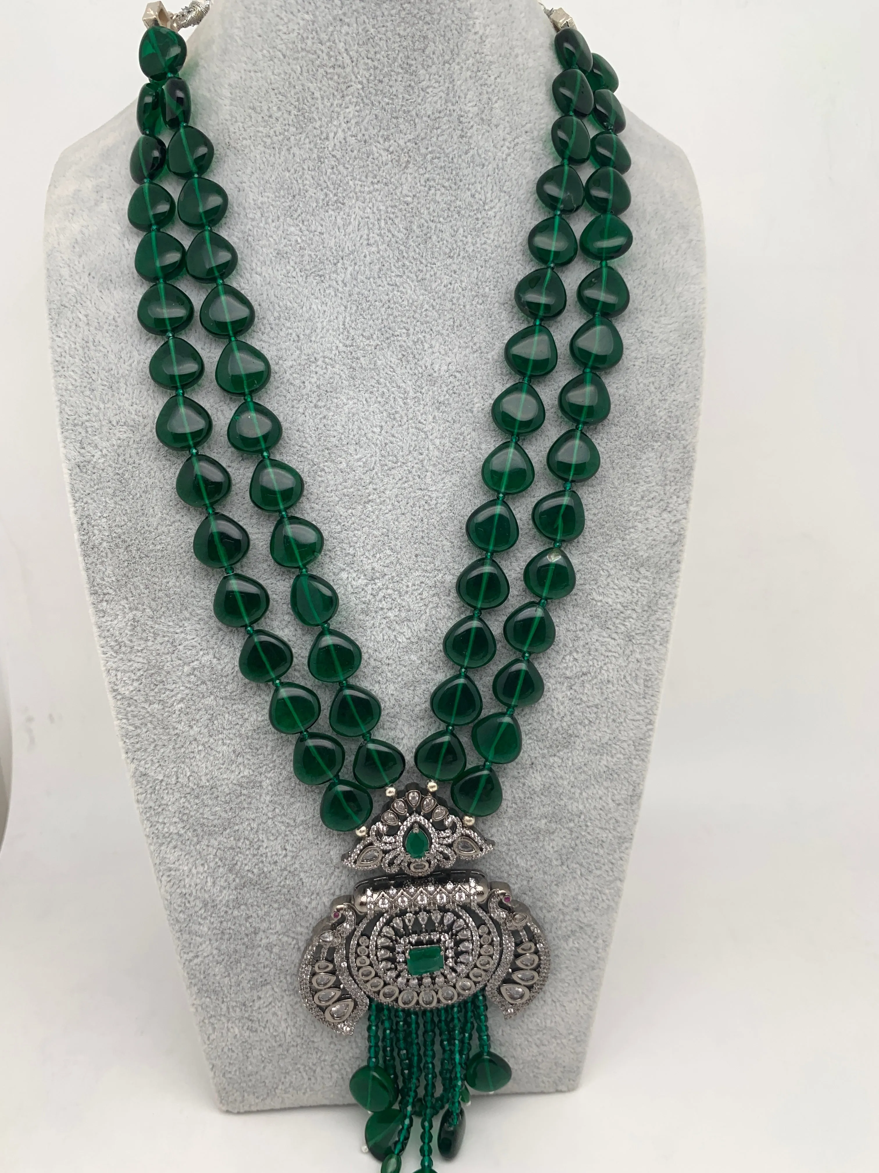 AD Green Stone Green Beads Victorian Pendent Green Beads Long Mala