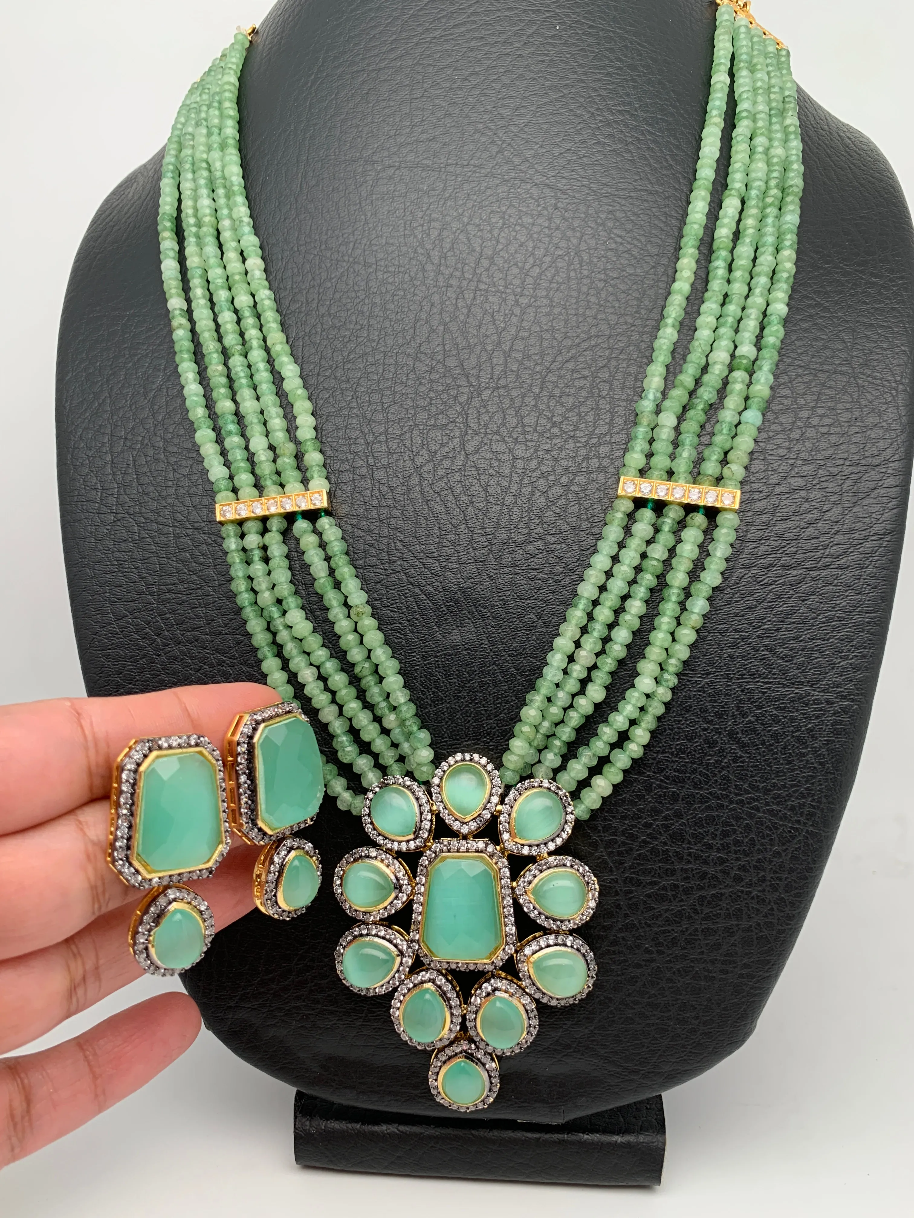 AD Mint Green Stone Pendent Mint Green Beads Necklace
