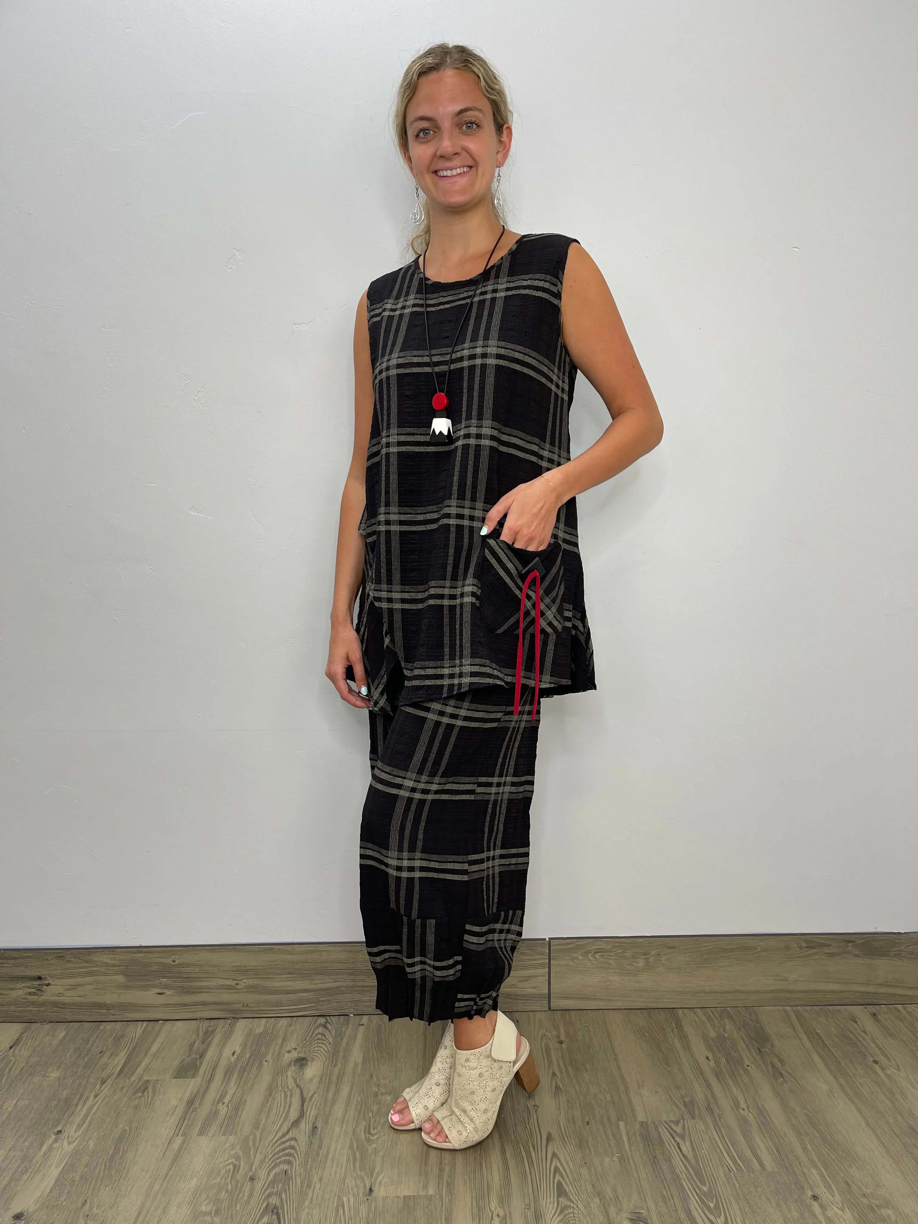 Black and Tan Plaid Top with Pocket