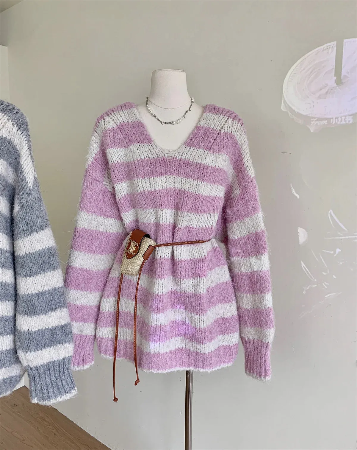 Casual Oversized Striped Pullovers Women Knitted Basic Autumn Winter Loose-Fitting Thick Jumpers Sweaters Female Clothing C-289