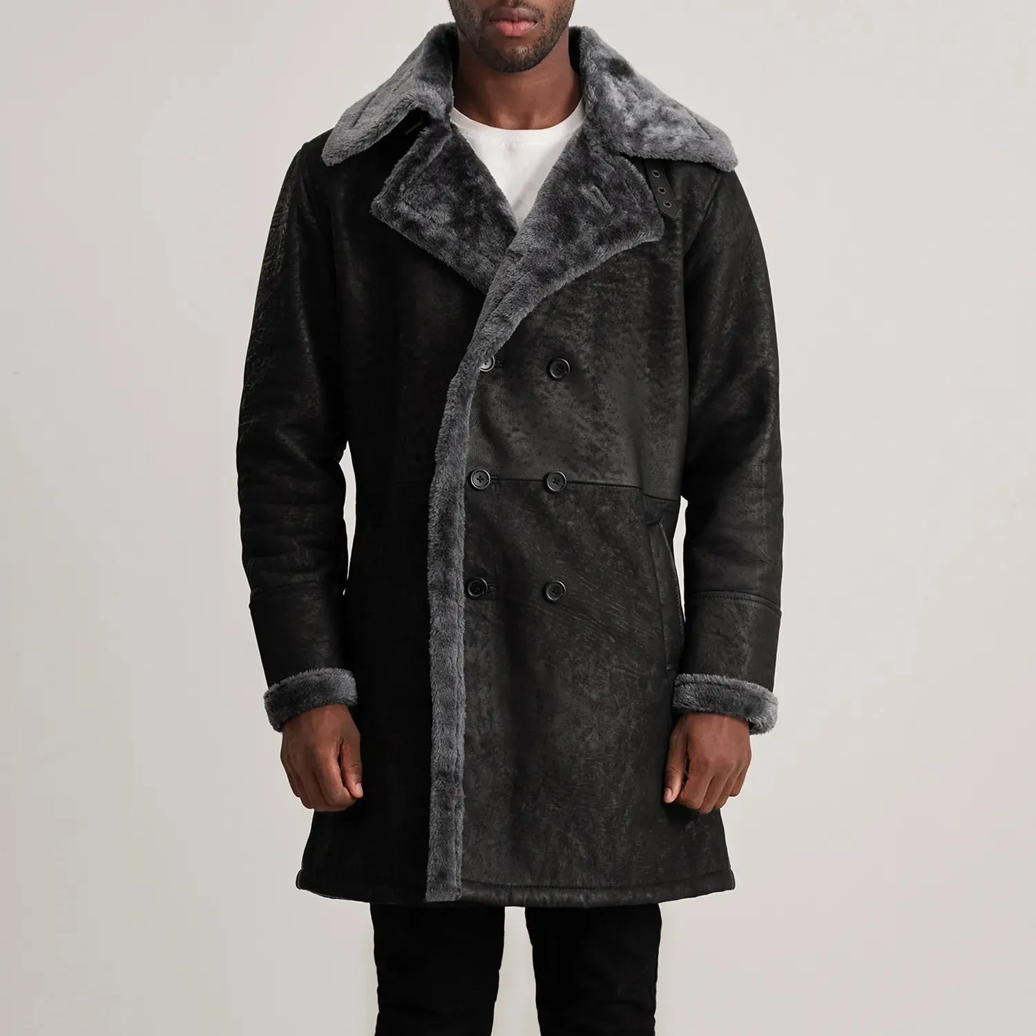 Charles Black Snuffed Leather Shearling Double-Breasted Coat