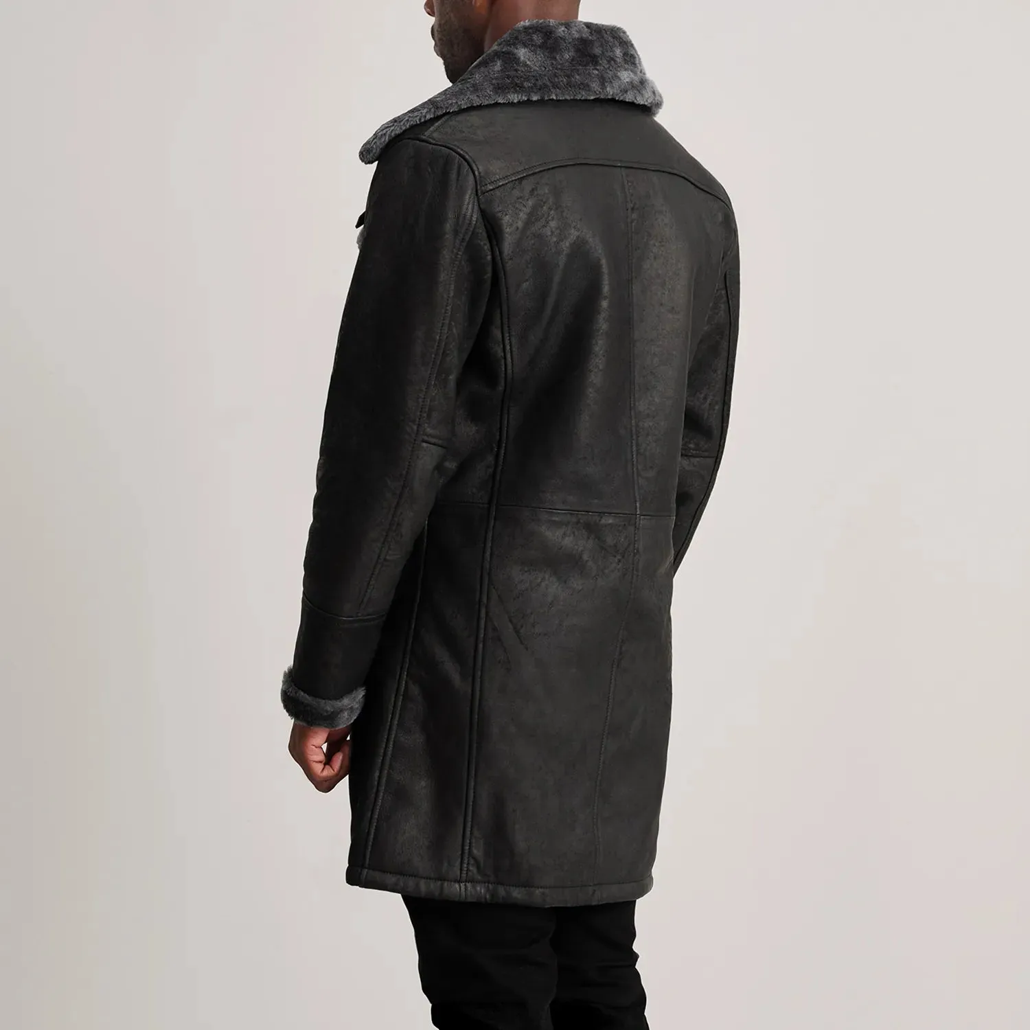 Charles Black Snuffed Leather Shearling Double-Breasted Coat