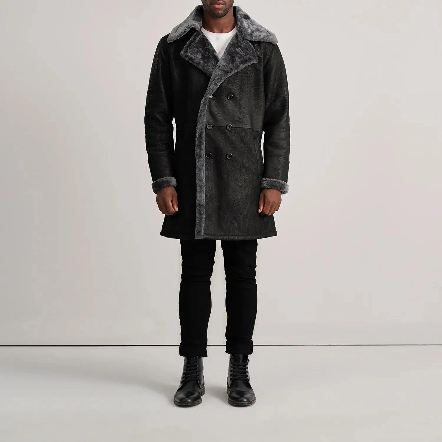 Charles Black Snuffed Leather Shearling Double-Breasted Coat