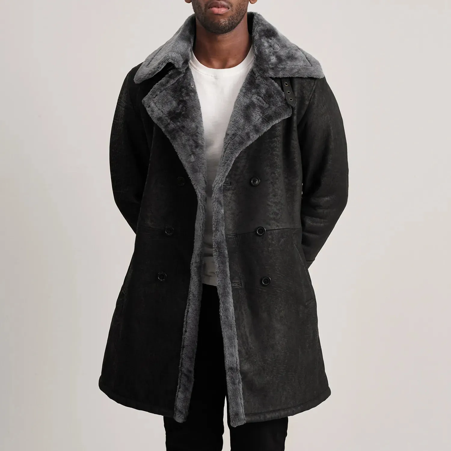 Charles Black Snuffed Leather Shearling Double-Breasted Coat