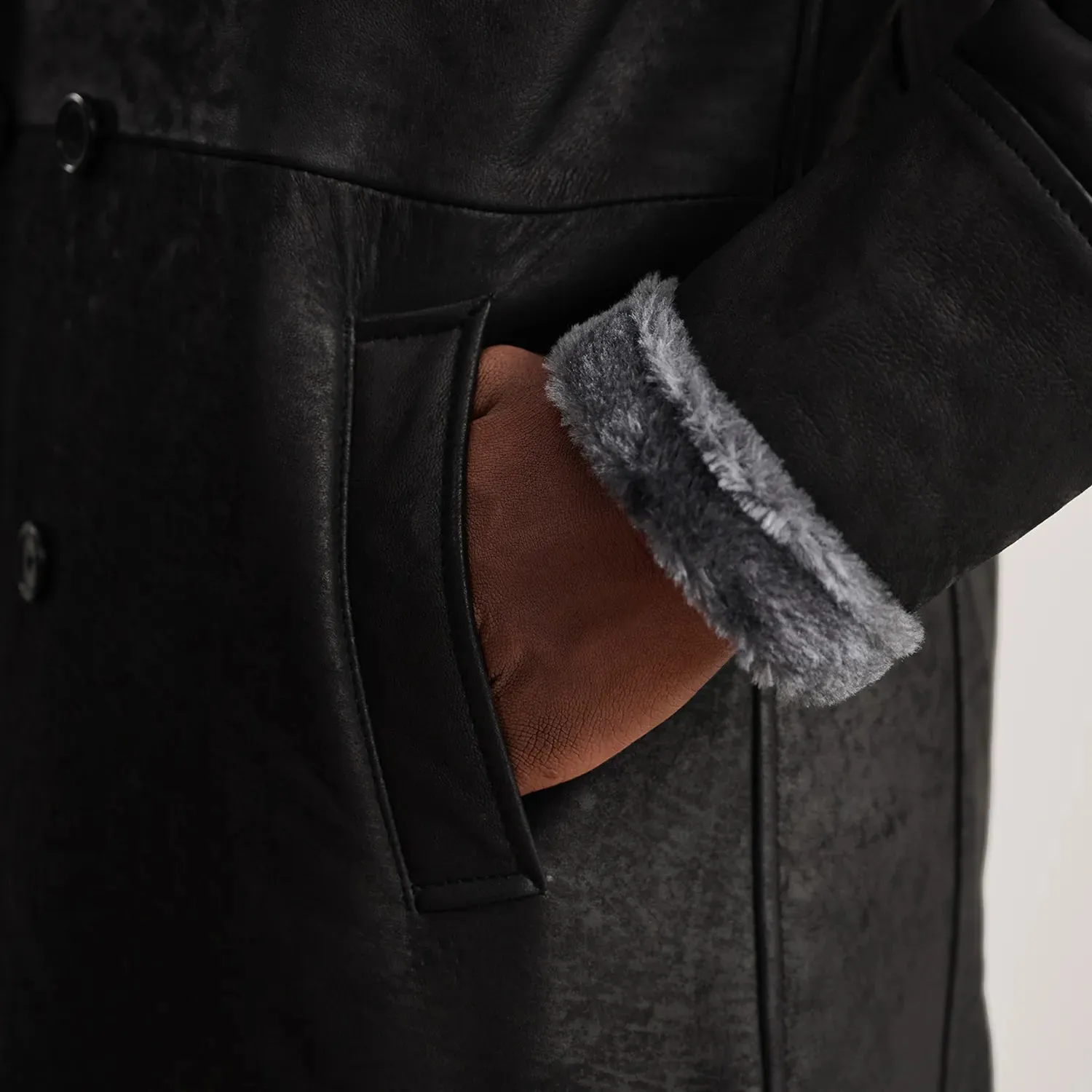 Charles Black Snuffed Leather Shearling Double-Breasted Coat