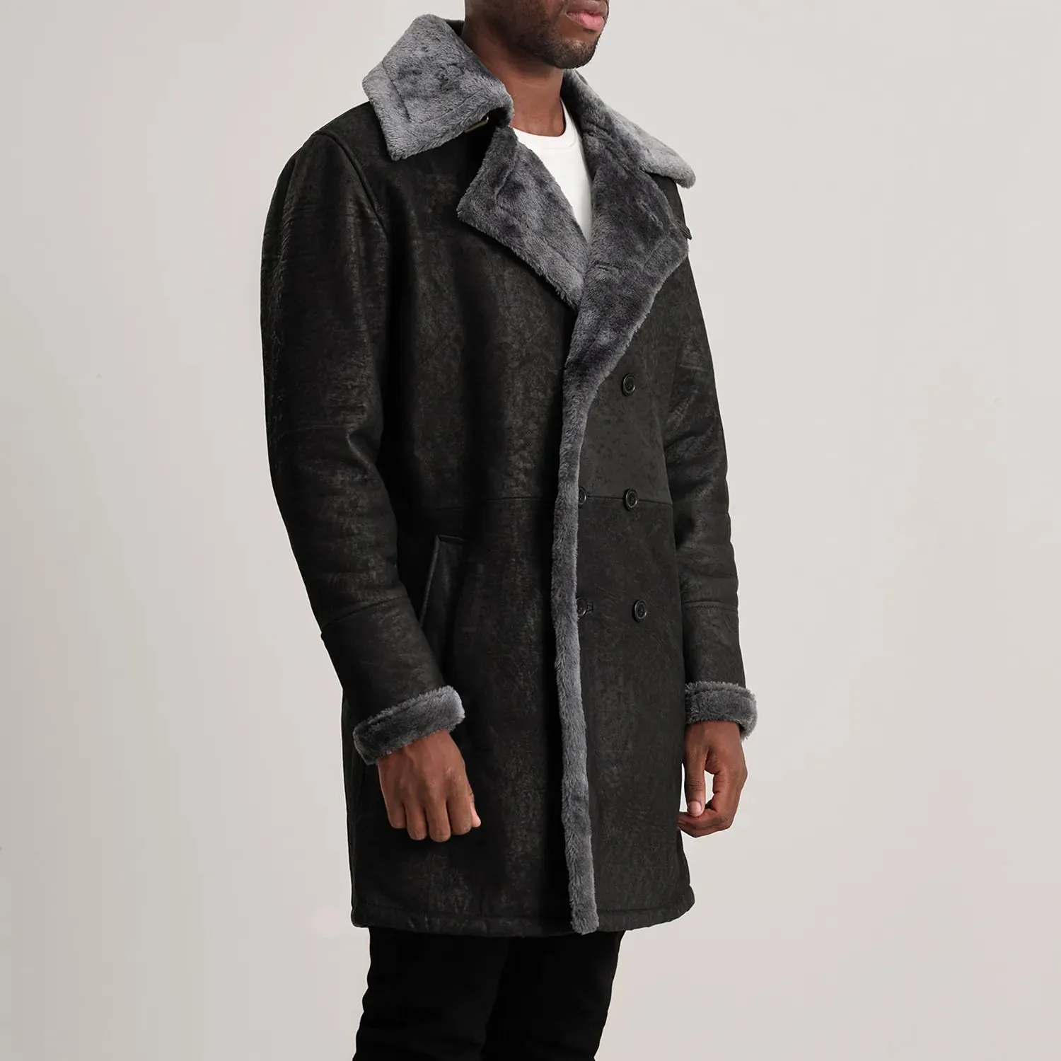 Charles Black Snuffed Leather Shearling Double-Breasted Coat