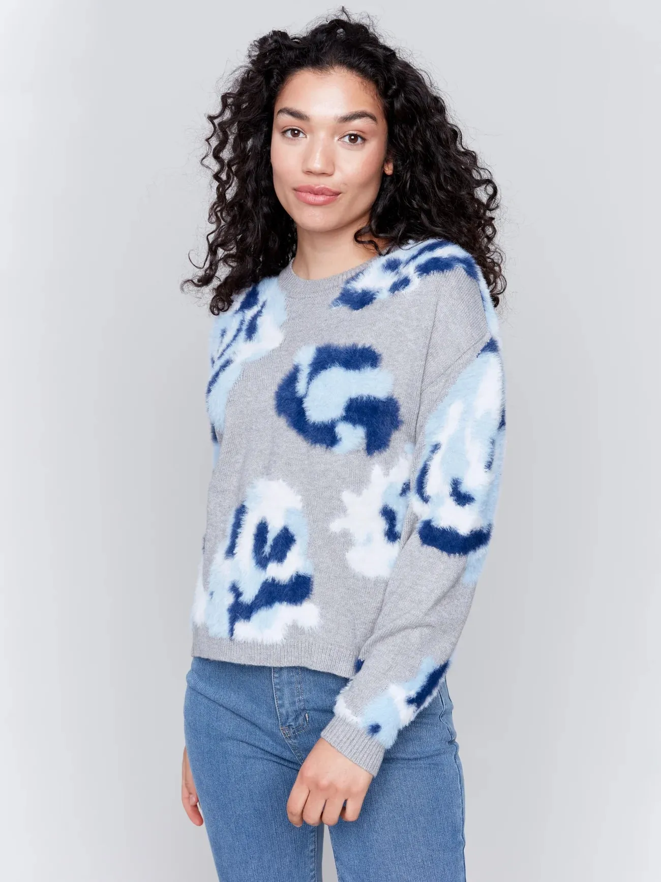 Charlie B Hairy Yarn Floral Crew-Neck Drop-Shoulder Sweater - C2687-895A