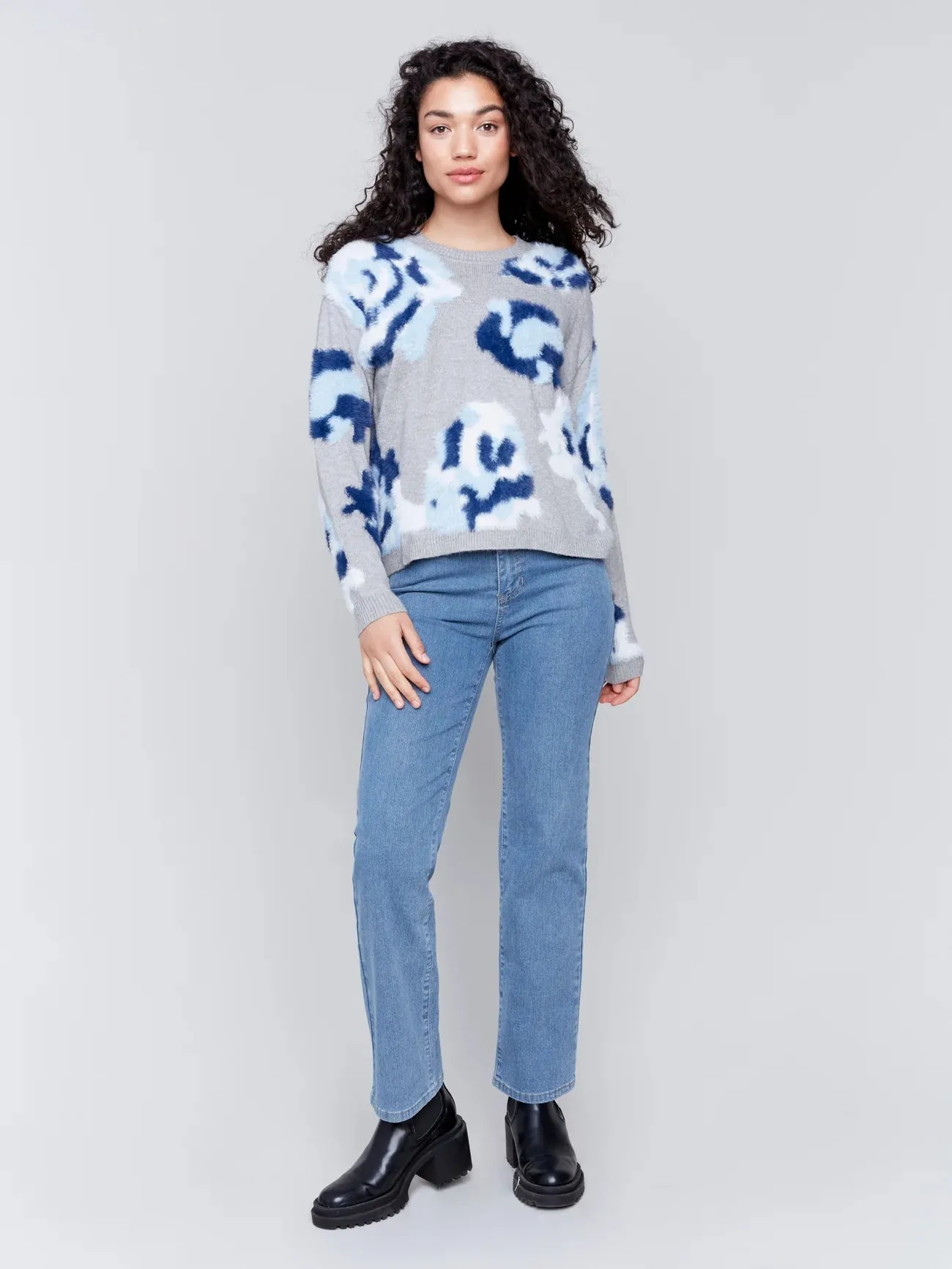 Charlie B Hairy Yarn Floral Crew-Neck Drop-Shoulder Sweater - C2687-895A