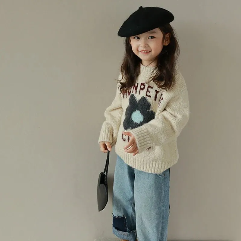 Cream Floral Knit Sweater for Kids