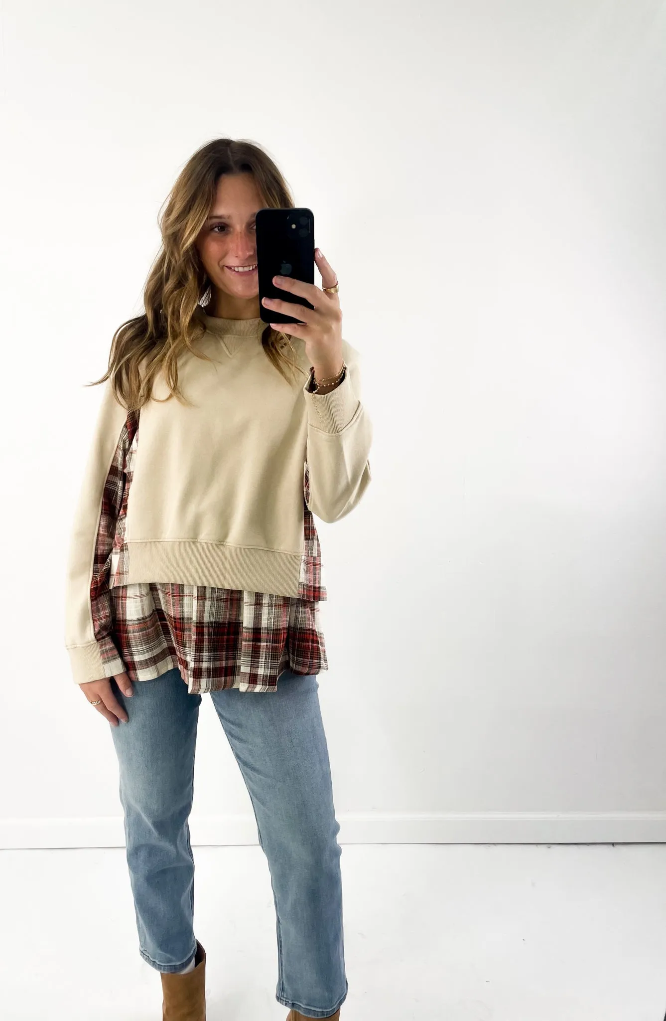 Double Layer Plaid Contrast Sweatshirt