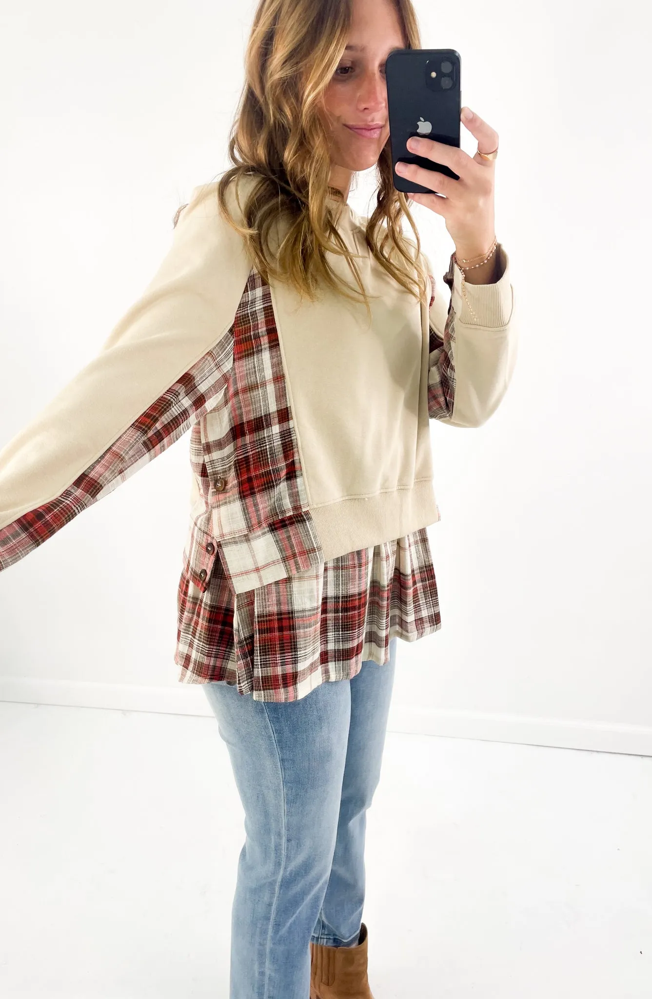 Double Layer Plaid Contrast Sweatshirt