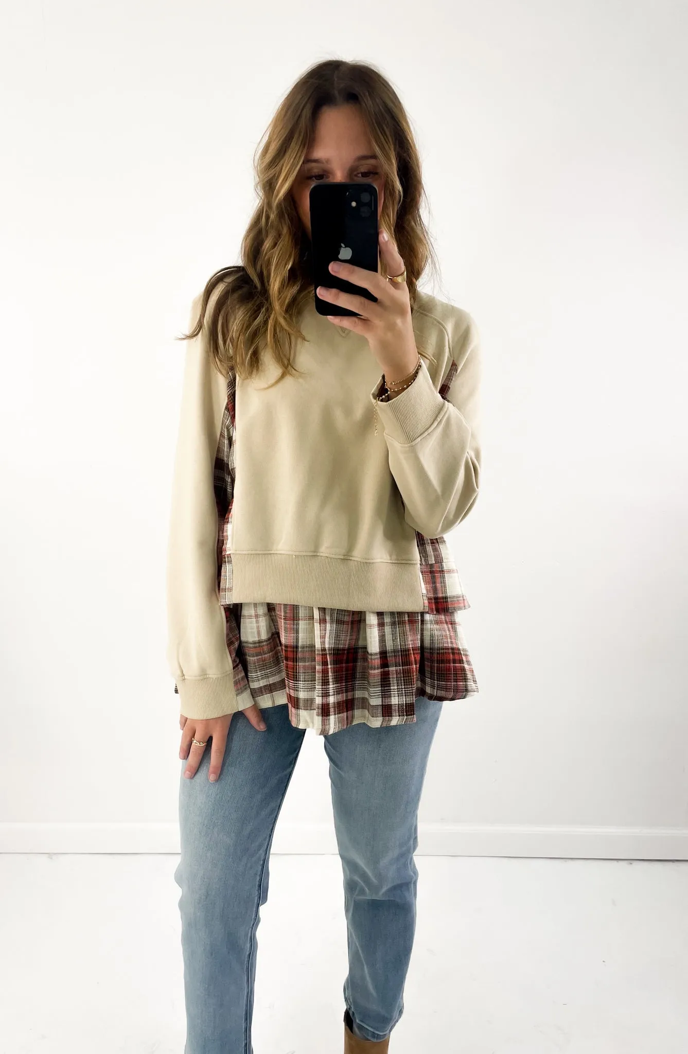 Double Layer Plaid Contrast Sweatshirt