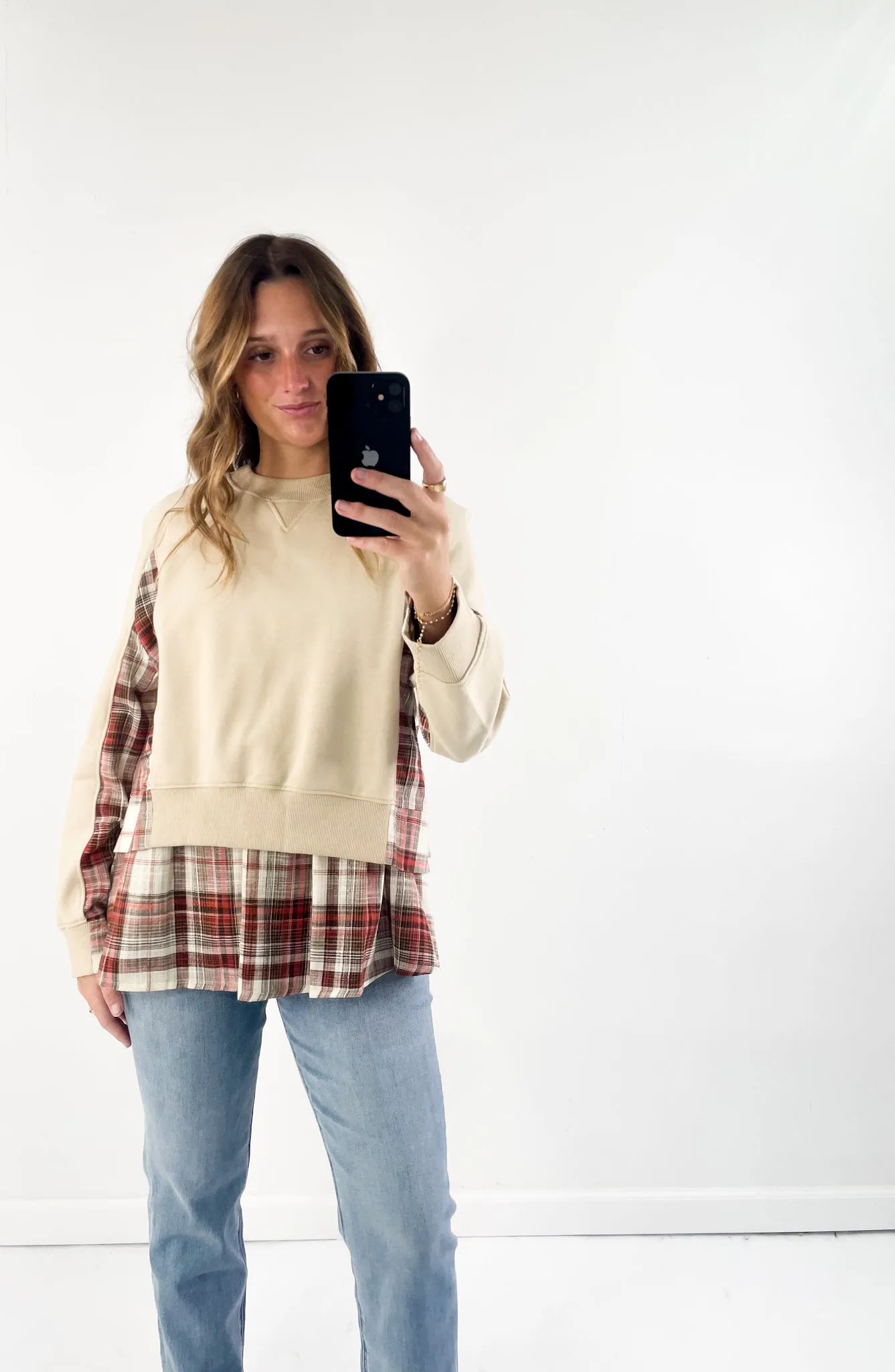 Double Layer Plaid Contrast Sweatshirt