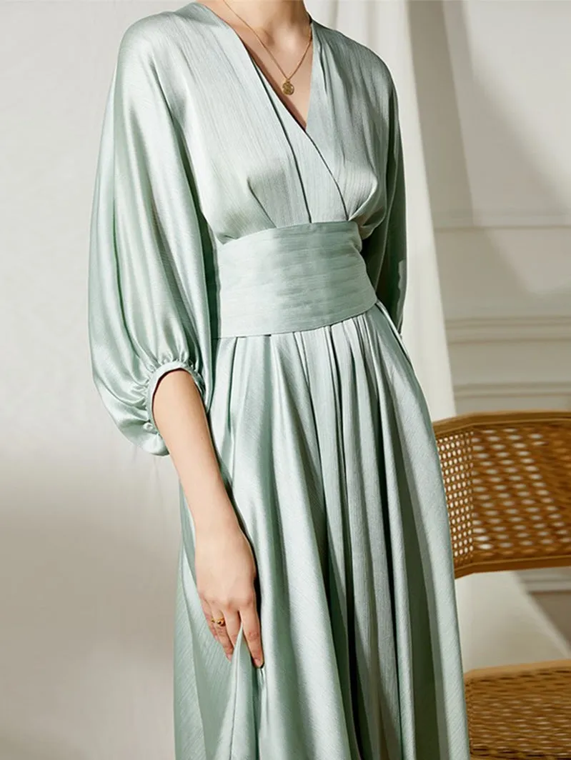 Elegant early spring textured sleeve girdle dress- Mili