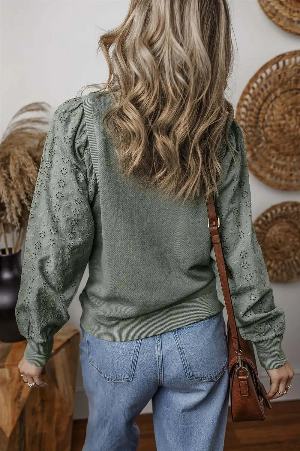Eyelet Round Neck Long Sleeve Fashion Sweatshirt