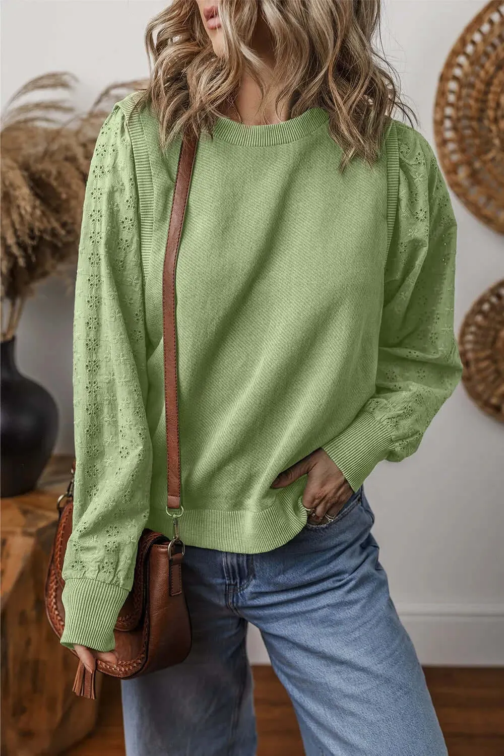 Eyelet Round Neck Long Sleeve Fashion Sweatshirt