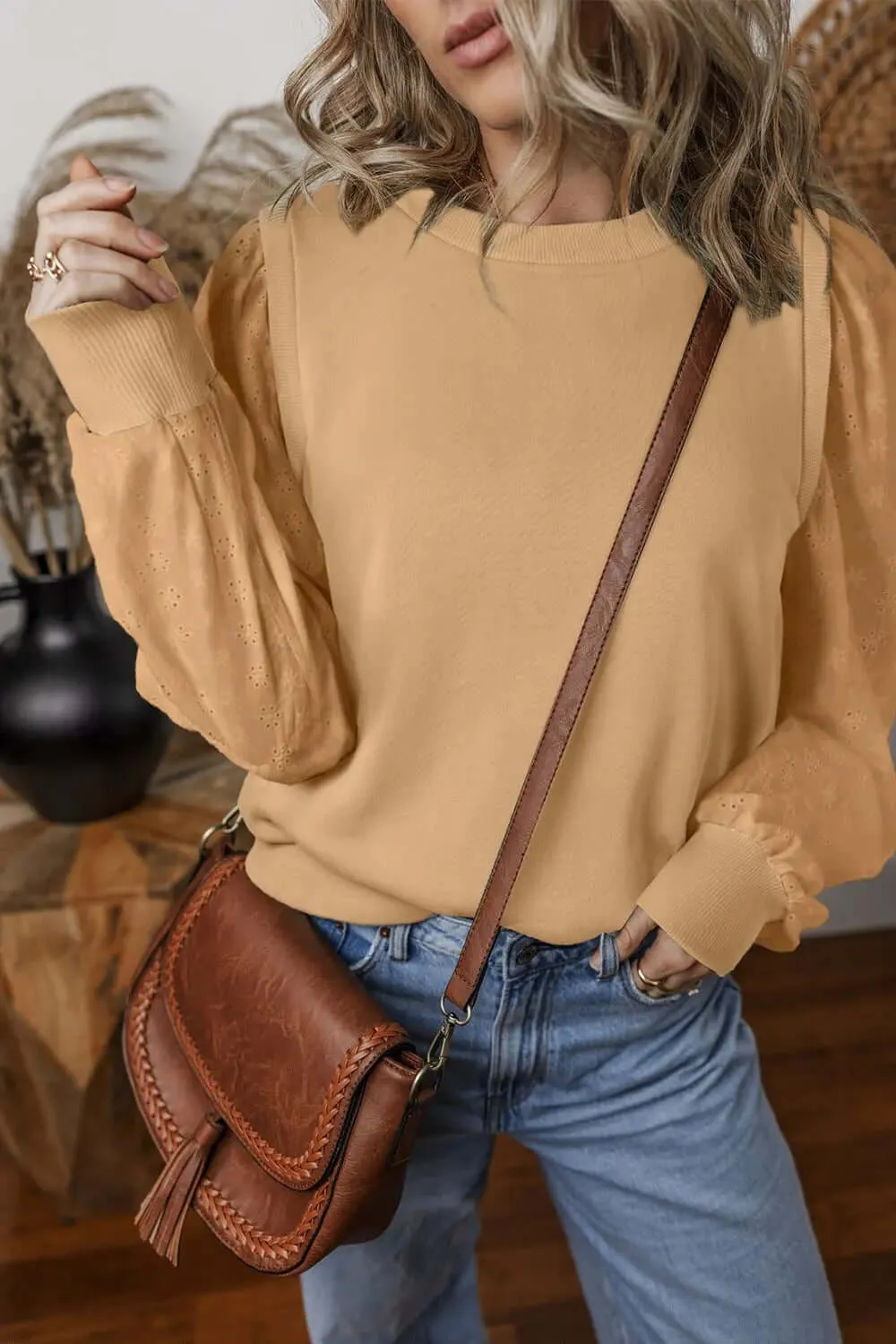 Eyelet Round Neck Long Sleeve Fashion Sweatshirt