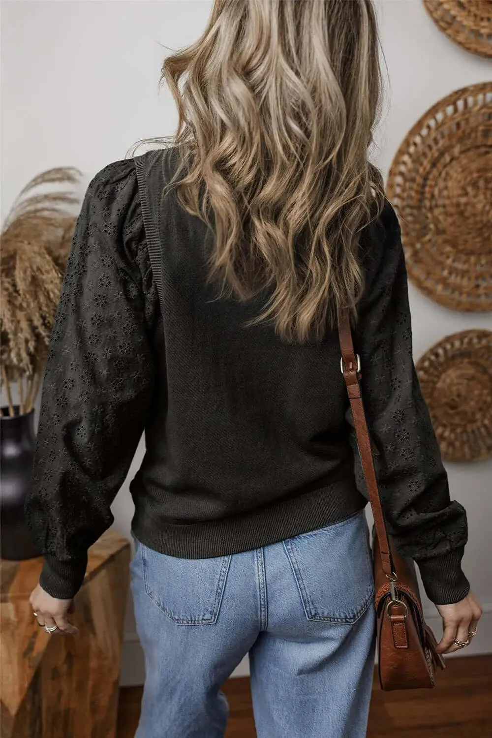 Eyelet Round Neck Long Sleeve Fashion Sweatshirt