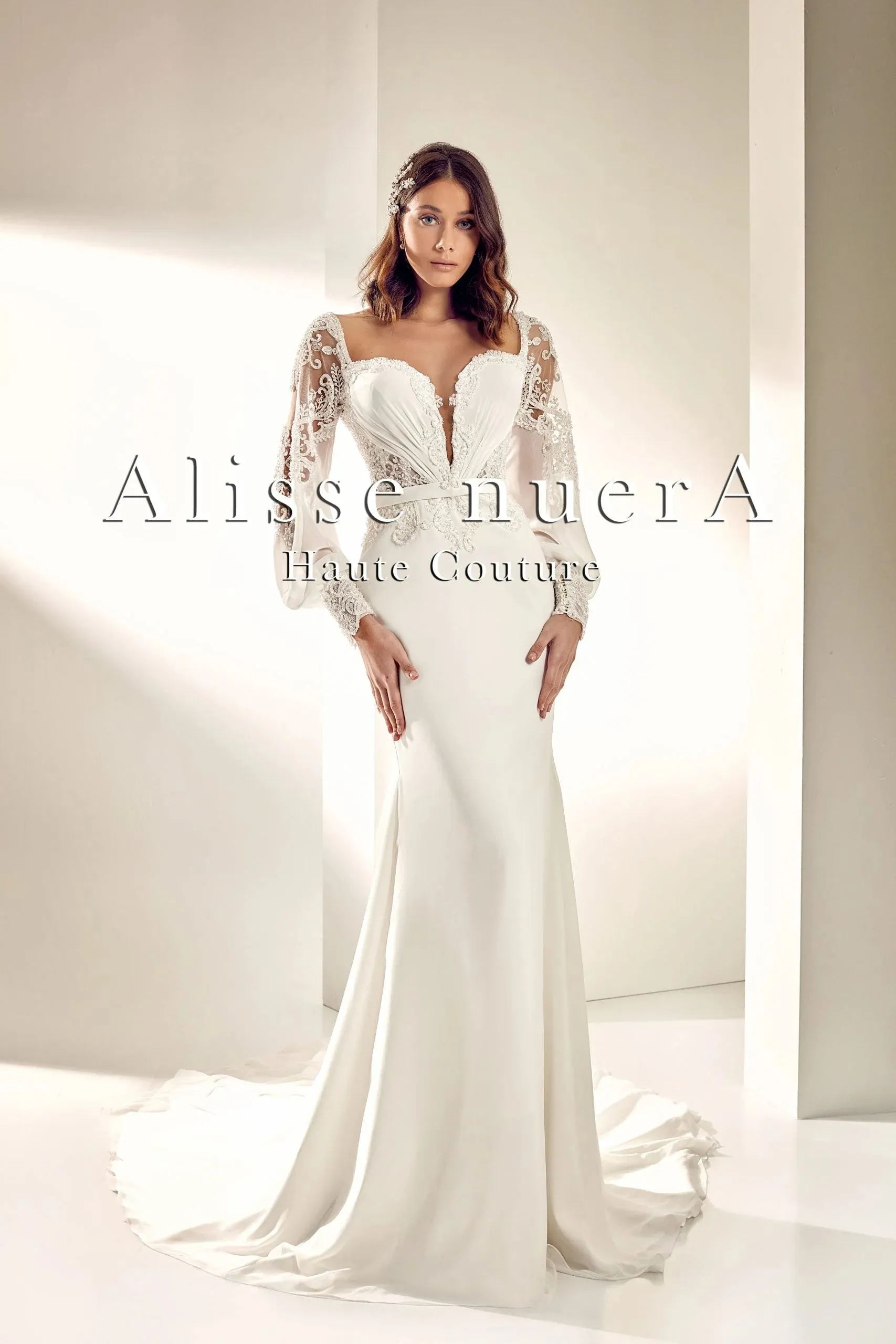 Floral Lace and Chiffon Sleeve V Neck Rustic Sheath Bridal Dress