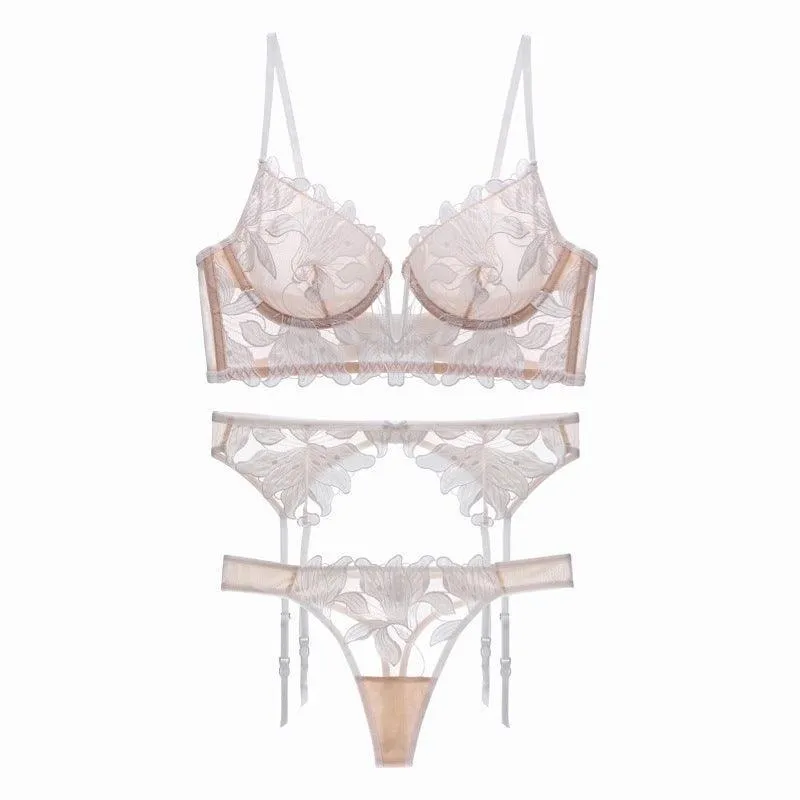 Gauze Embroidered Garter Lingerie Set