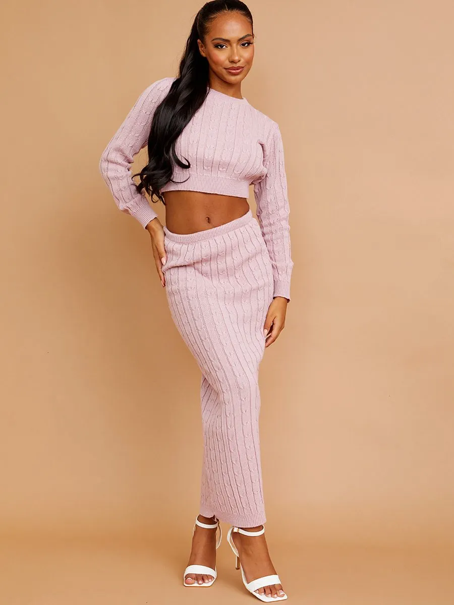 Katy Cable Knit Crop Jumper & Skirt Co-ord In Pink