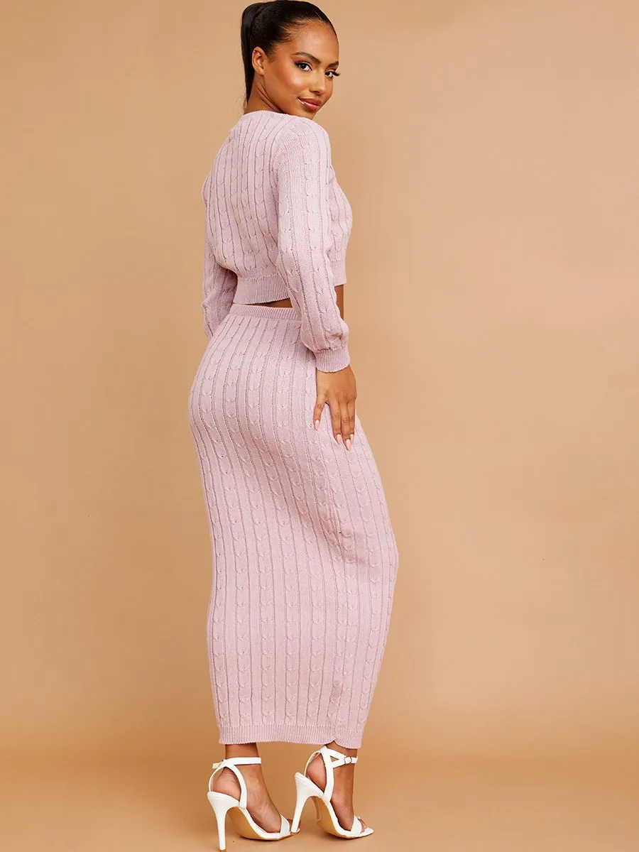 Katy Cable Knit Crop Jumper & Skirt Co-ord In Pink