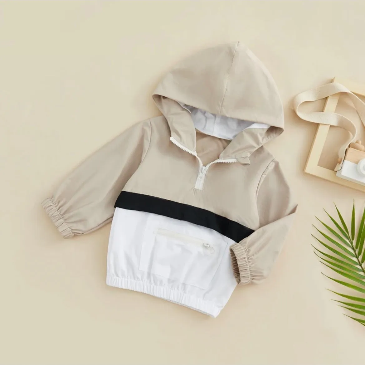 Kids 3 Tone Color Block 1/2 Zip Jacket - Tan