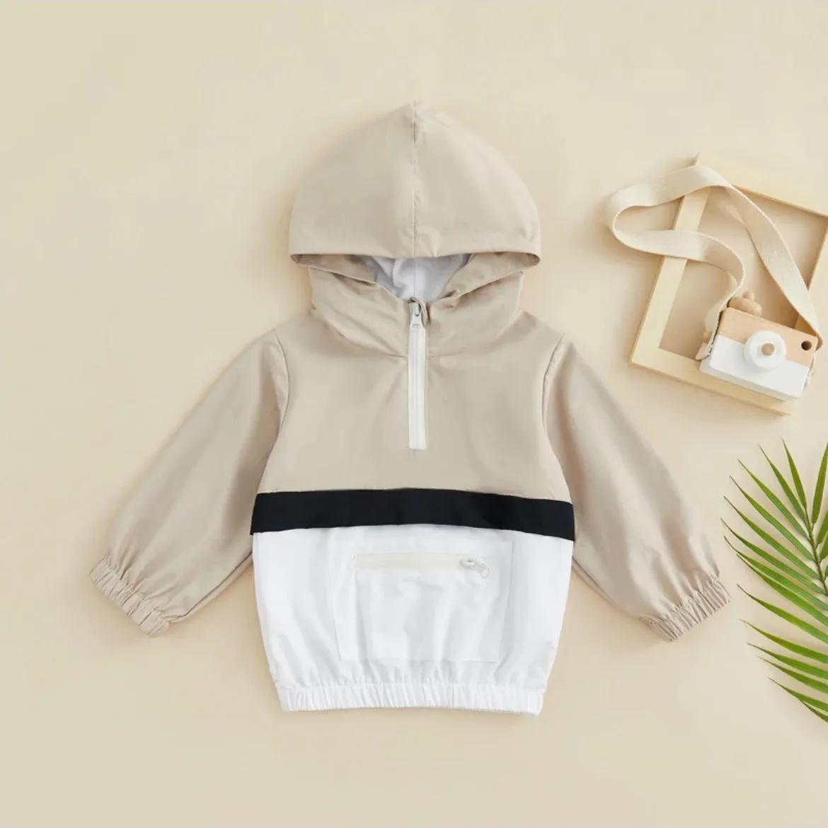 Kids 3 Tone Color Block 1/2 Zip Jacket - Tan