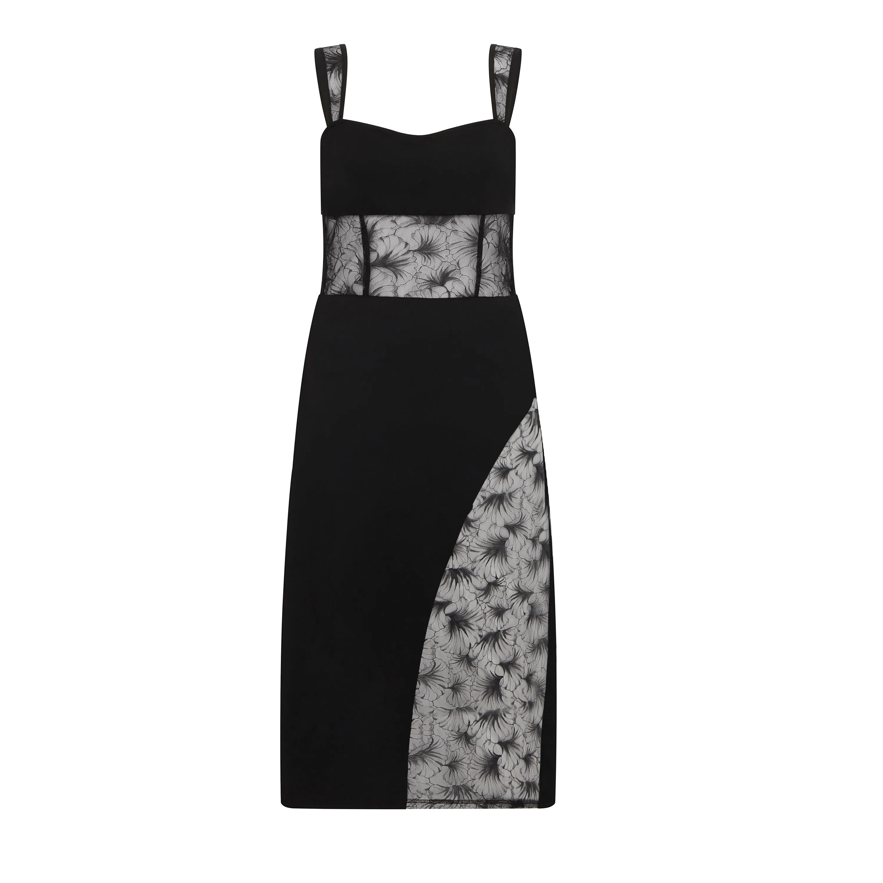 Lace Panelled Midi Dress in Black