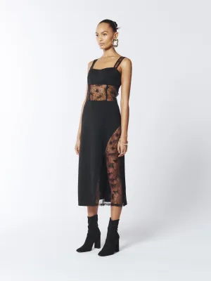 Lace Panelled Midi Dress in Black