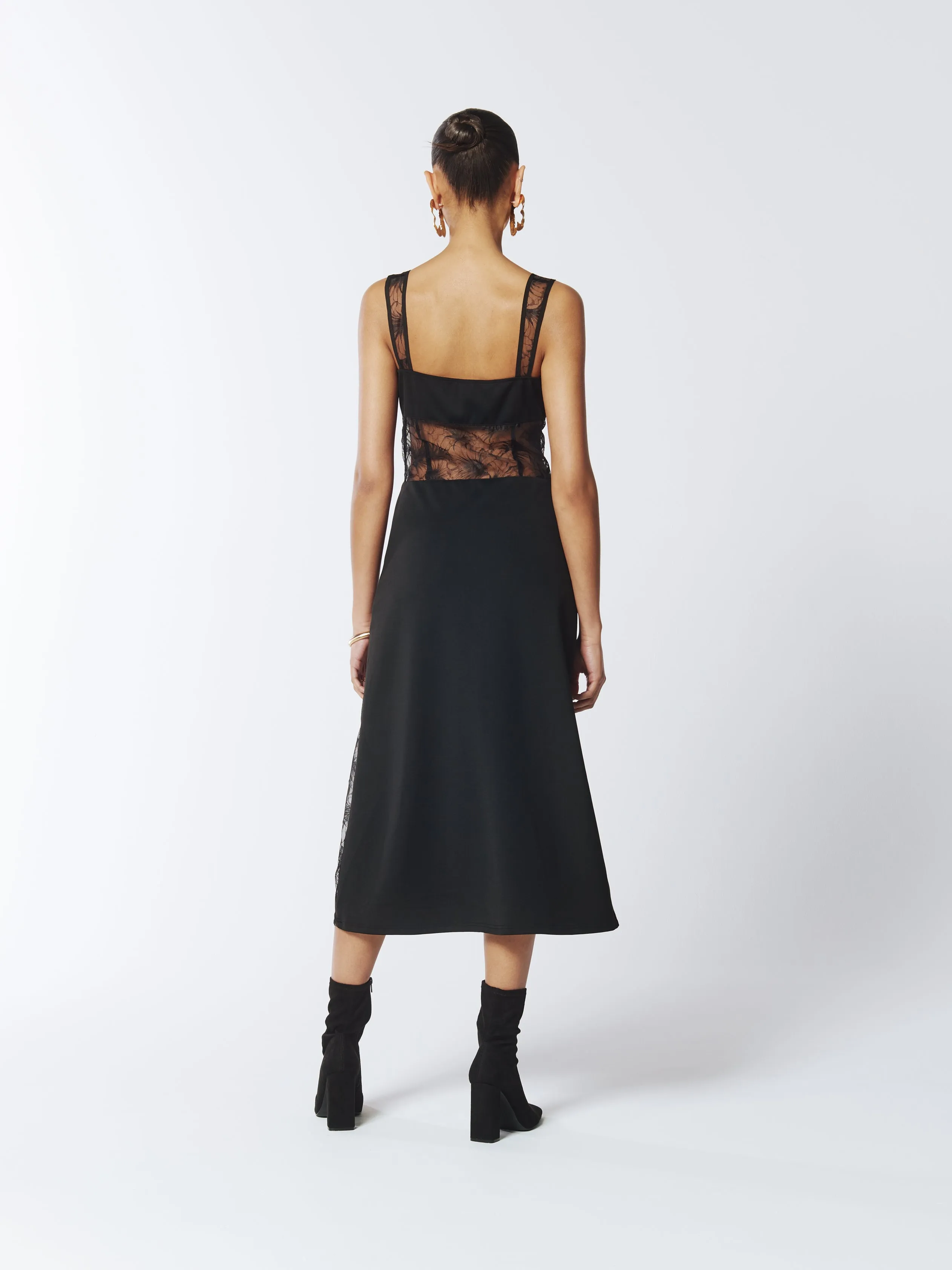 Lace Panelled Midi Dress in Black