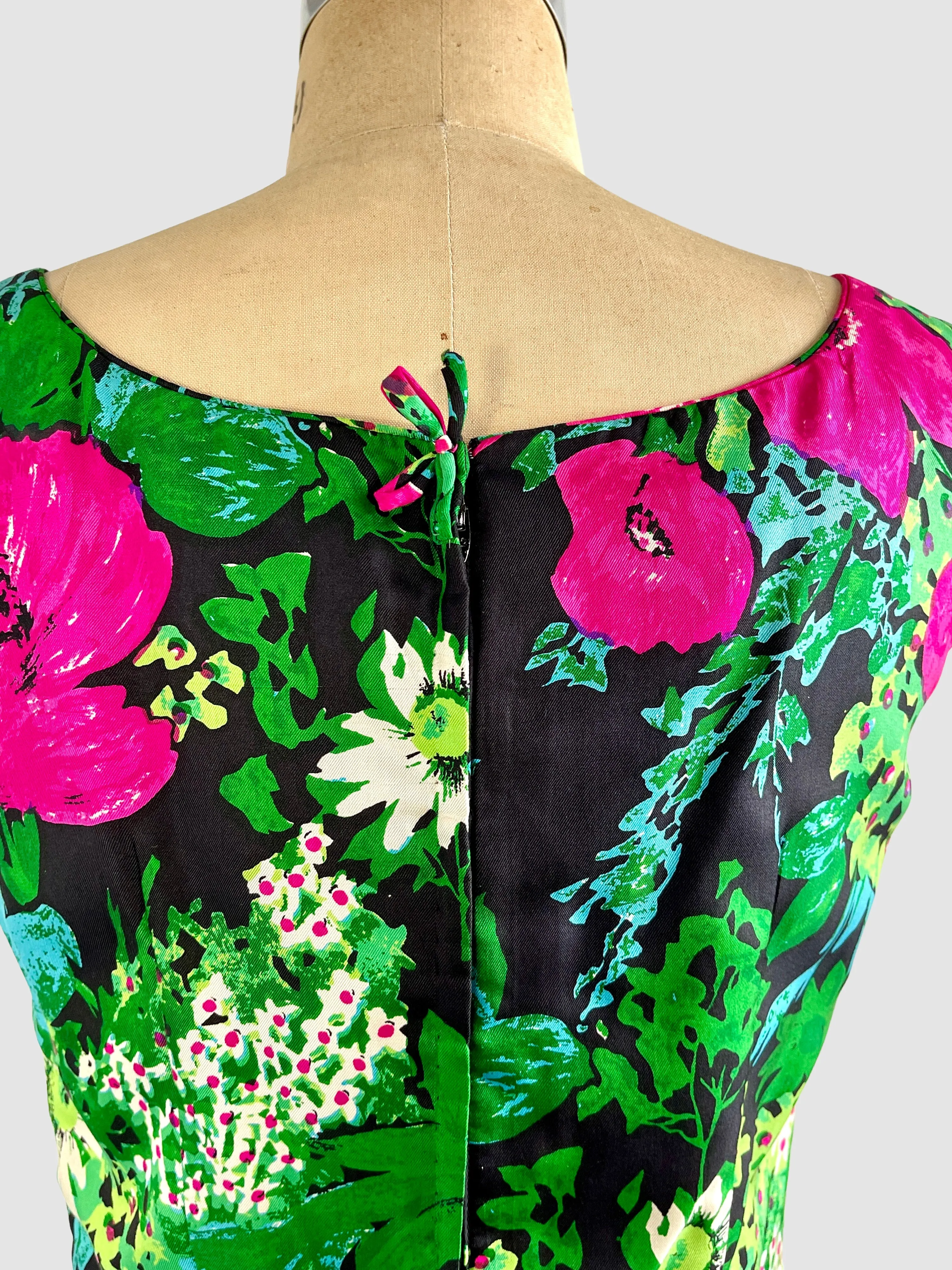 MR. BLACKWELL 50s Silk Floral Dress with Fringe • Medium