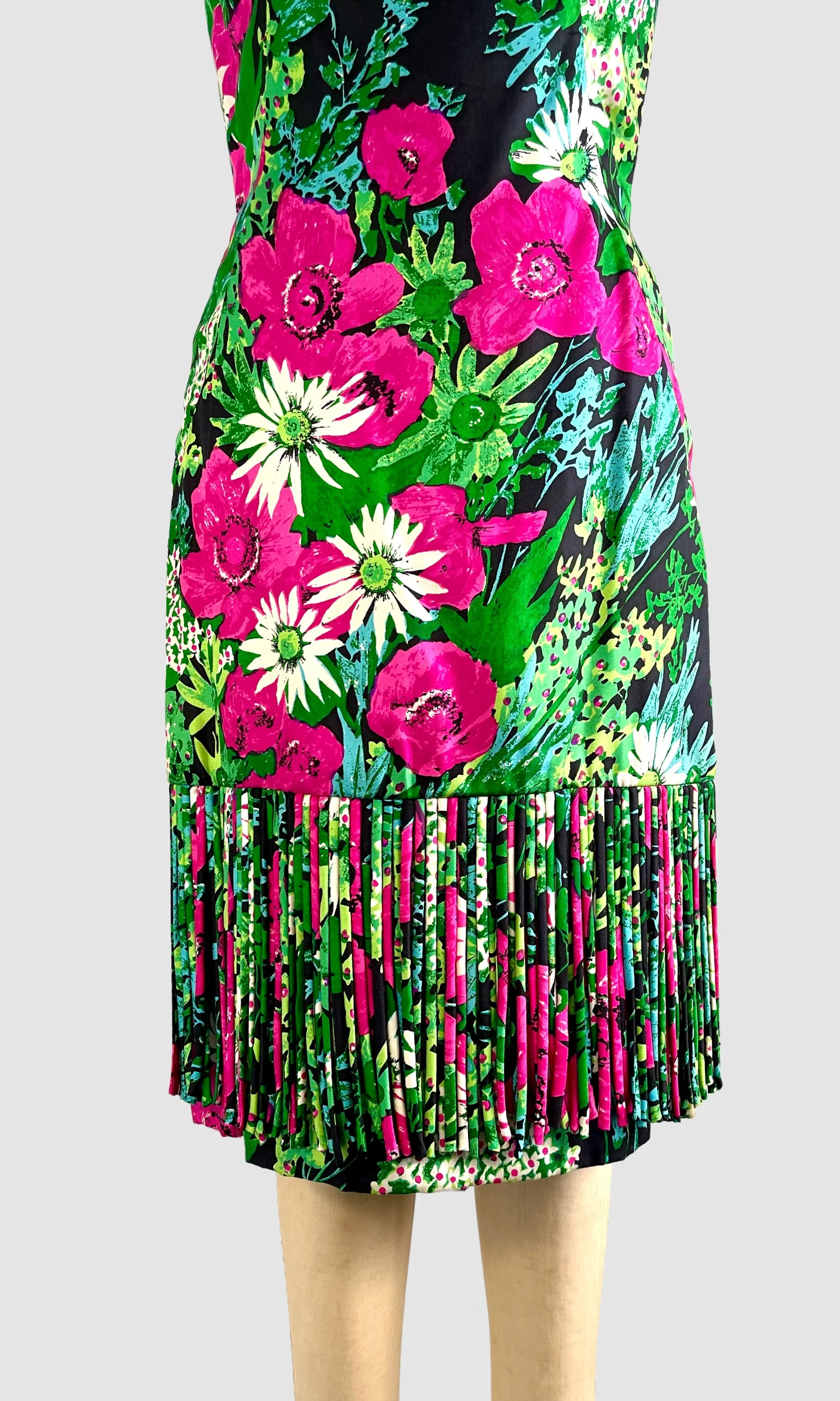 MR. BLACKWELL 50s Silk Floral Dress with Fringe • Medium