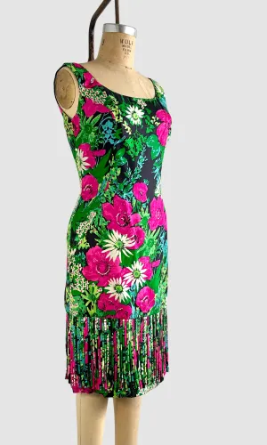 MR. BLACKWELL 50s Silk Floral Dress with Fringe • Medium