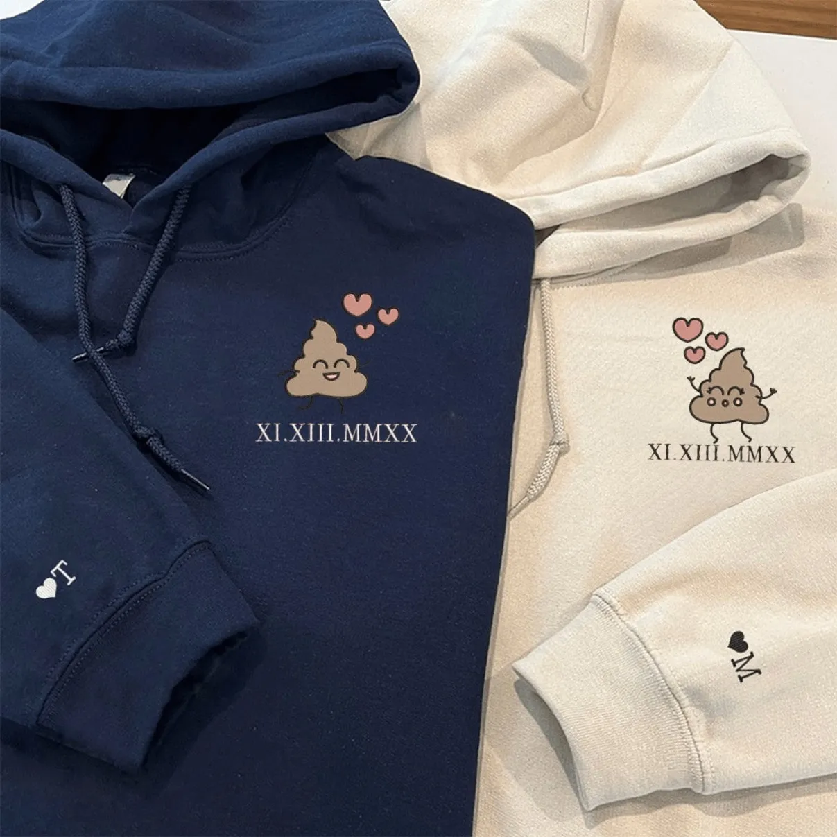 "Cartoon Poop Roman Numeral" Matching Couple Hoodies - Custom Embroidered Sweatshirts For Couples