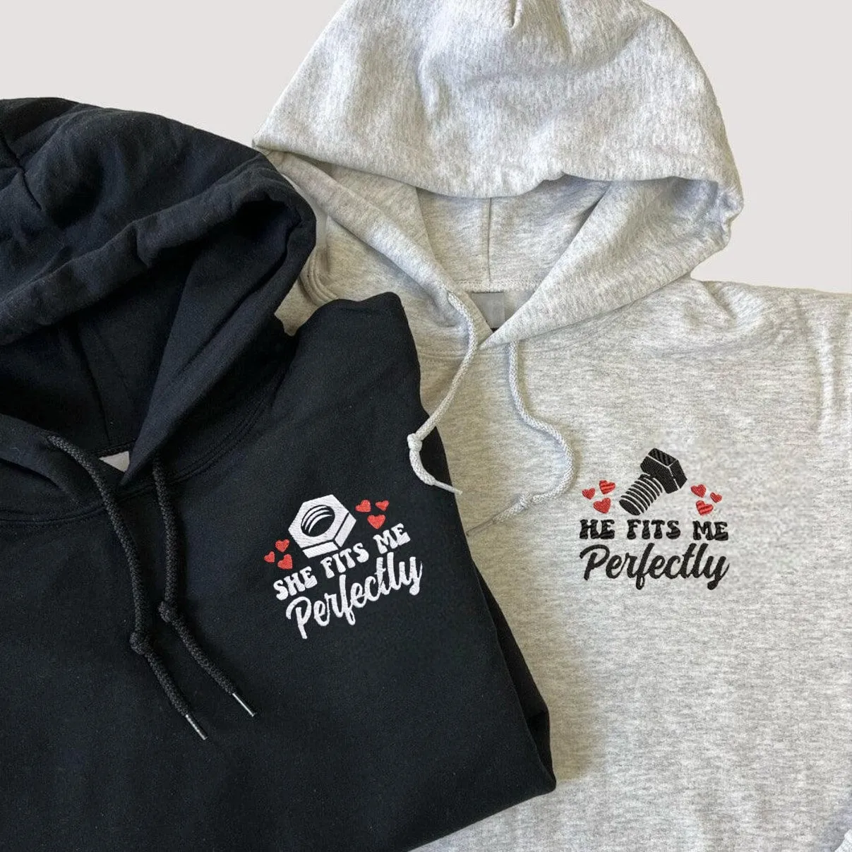 "She Fits Me Perfectly" Couple Hoodies - Custom Embroidered Matching Hoodies For Couples