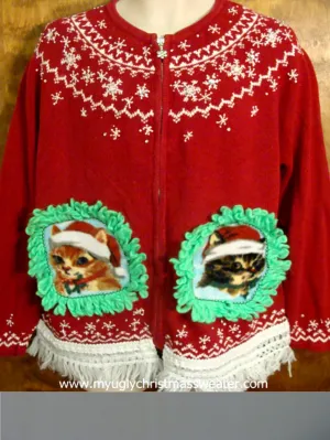 Red and White Nordic Printed Christmas Cat Ugly Sweater
