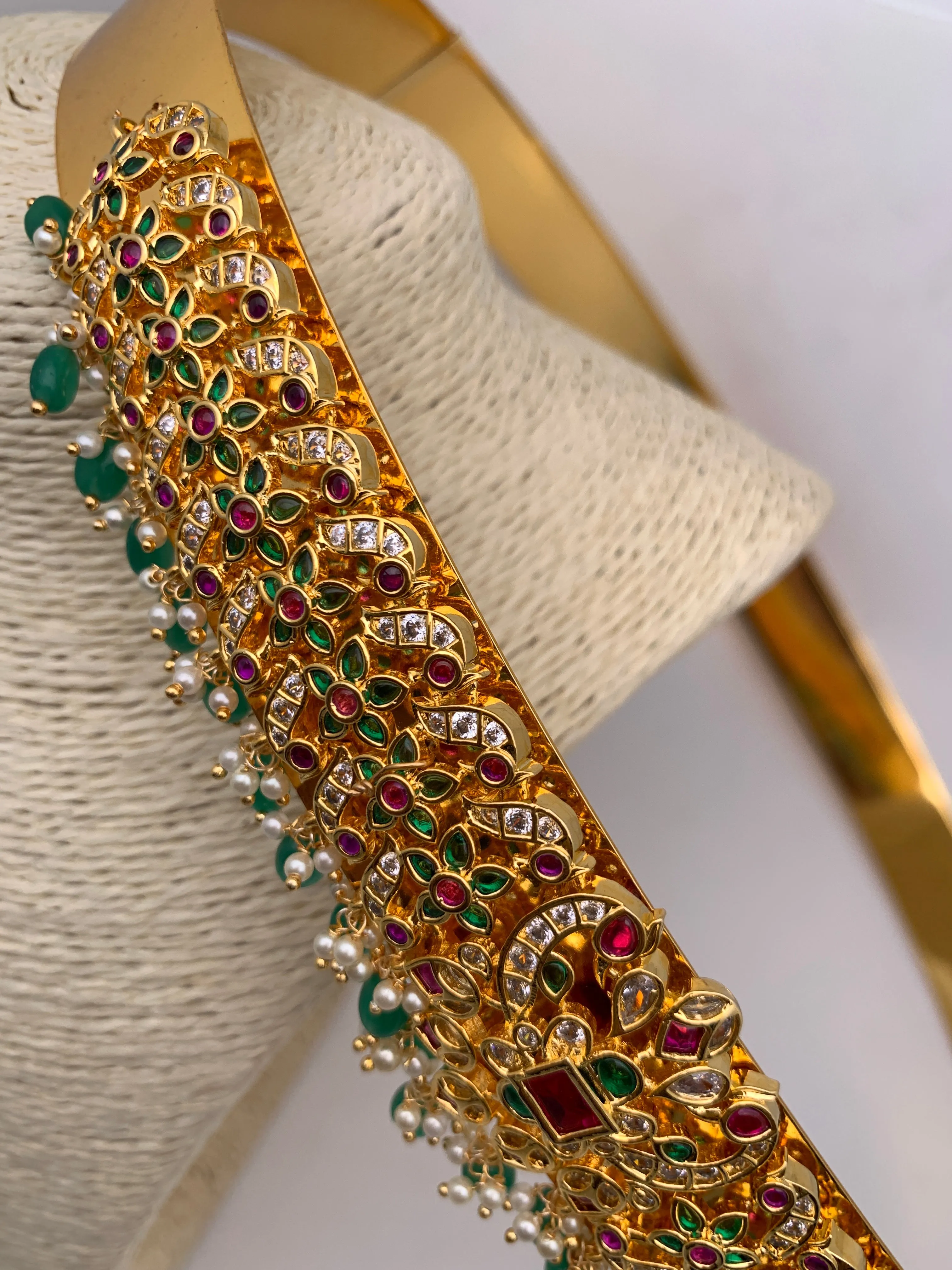 Red Green Multi Stone Green Beads Hip Belt Vaddanam