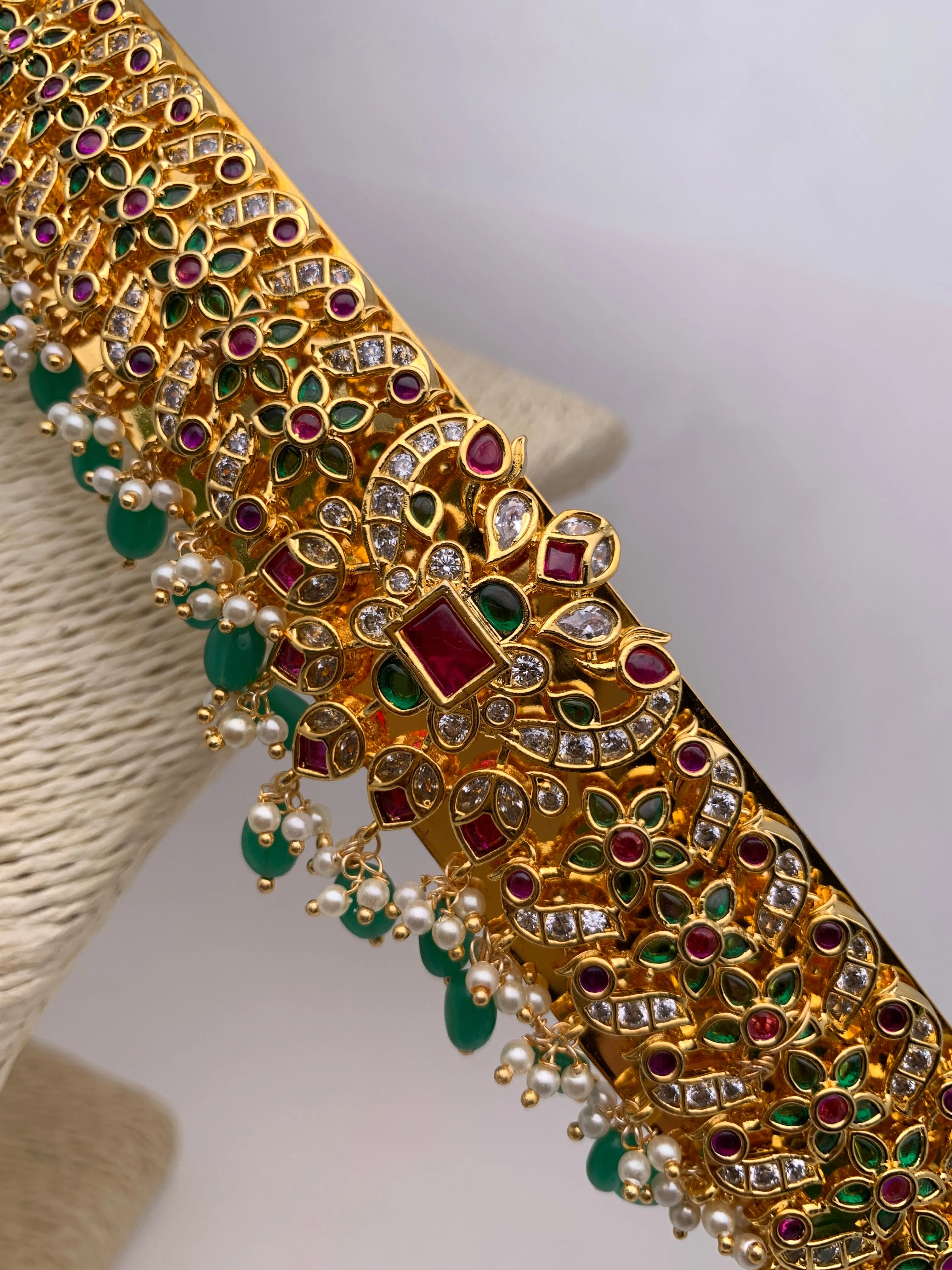 Red Green Multi Stone Green Beads Hip Belt Vaddanam