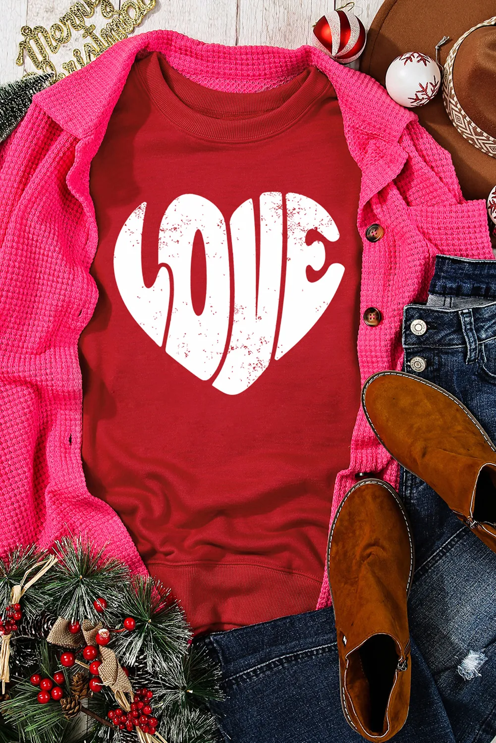 Red Retro Heart-shape LOVE Letter Graphic Crewneck Sweatshirt