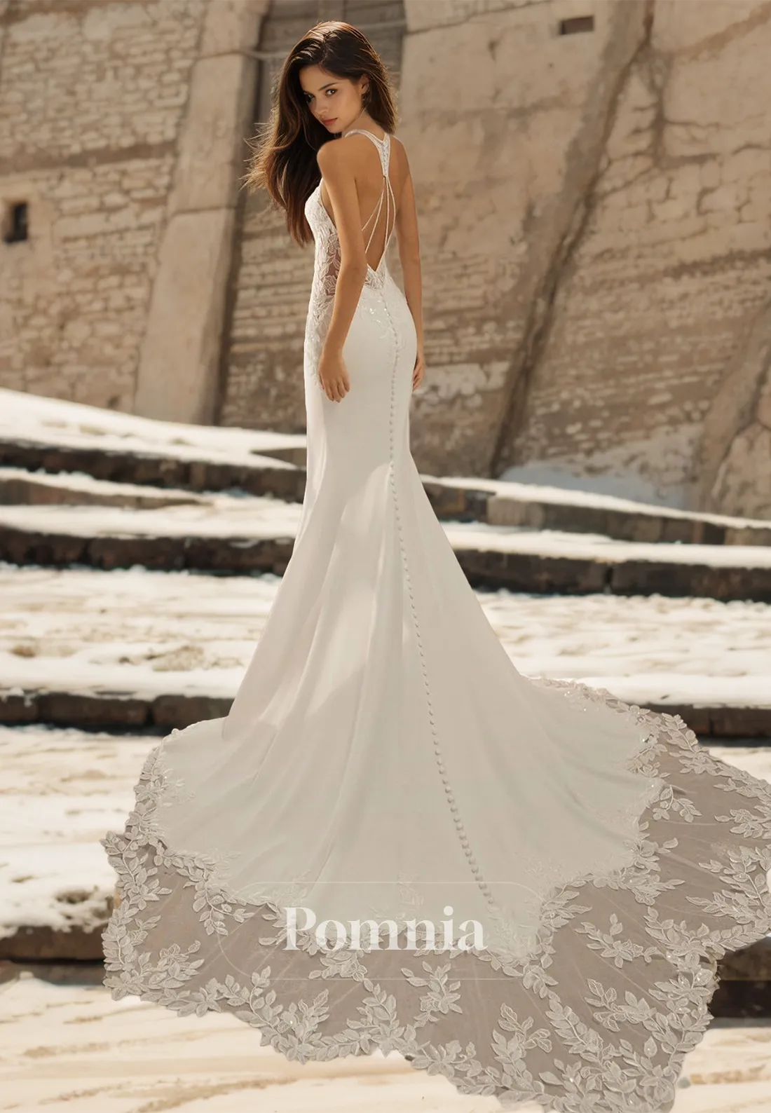 Sheath Sleeveless Halter Corset Tulle Appliques Sweep Train Romantic Wedding Dress