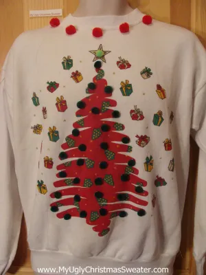 Tacky Cheap Christmas Sweatshirt Tree Gifts PomPoms