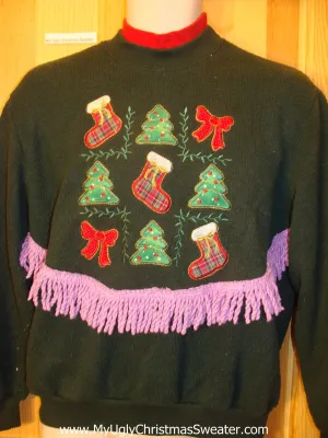 Tacky Christmas Sweatshirt Plaid Stocking Purple Fringe