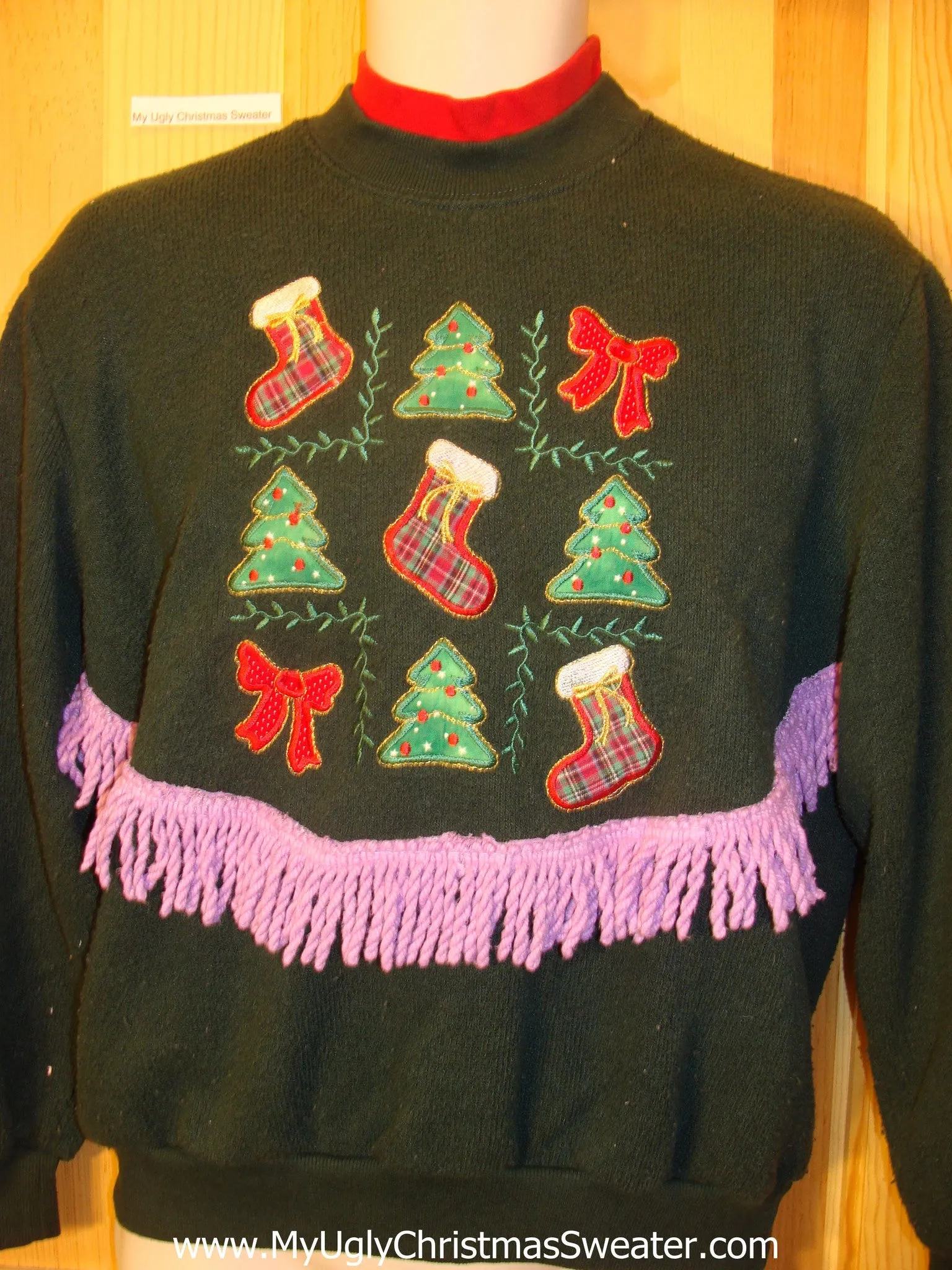 Tacky Christmas Sweatshirt Plaid Stocking Purple Fringe