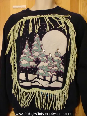 Tacky Christmas Sweatshirt Winter Huge Moon and Fringe