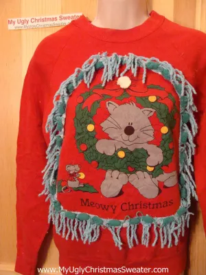 Ugly Christmas Tacky Red Sweatshirt Cat with Fringe (q71)