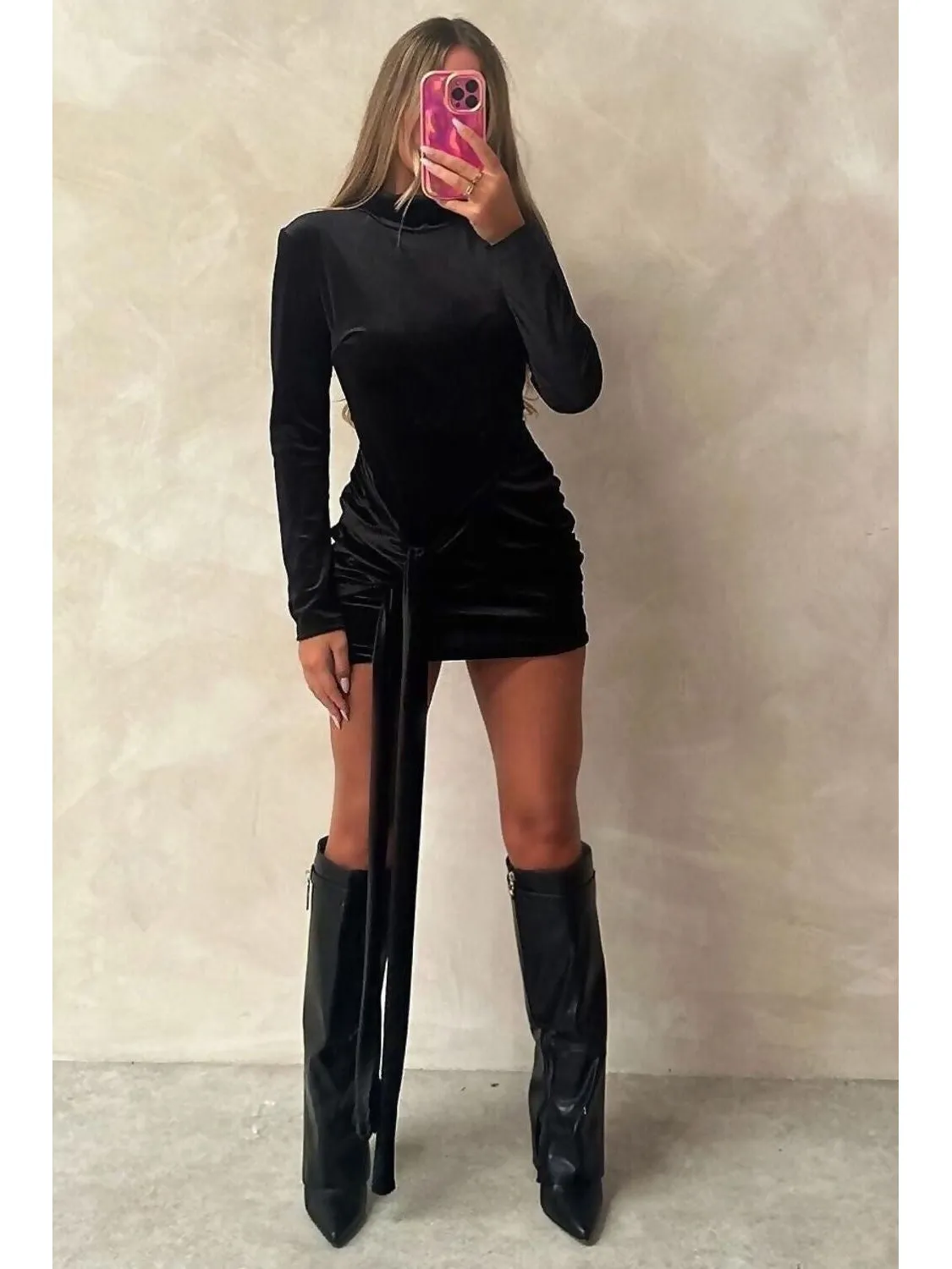 Velvet High Neck Knot Detail Mini  Dress