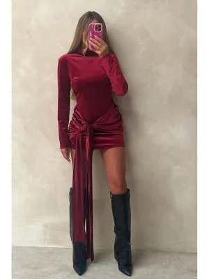 Velvet High Neck Knot Detail Mini  Dress
